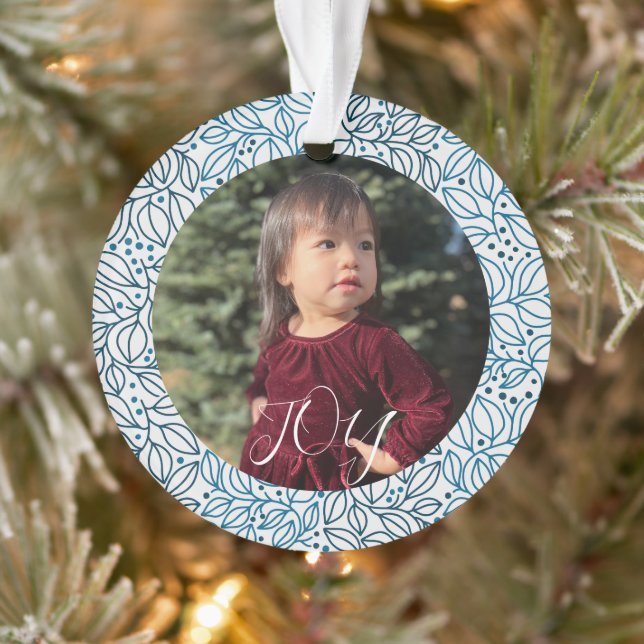Blue Floral Elegant Christmas Custom Photo Name Ornament (Tree)