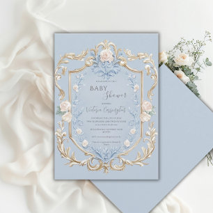 Blue Floral Elegant Gold Frame Baby Shower  Invitation
