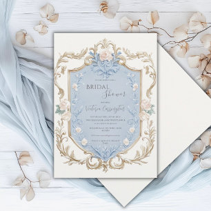 Blue Floral Elegant Gold Frame Bridal Shower  Invitation