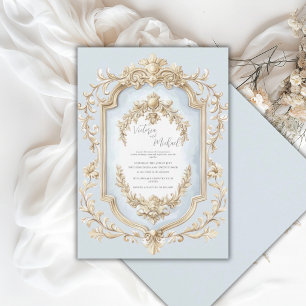 Blue Floral Elegant Gold Vintage Frame Wedding Invitation
