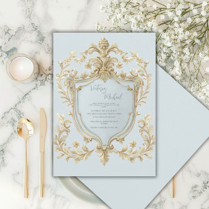 Blue Floral Elegant Gold Vintage Wedding Invitation