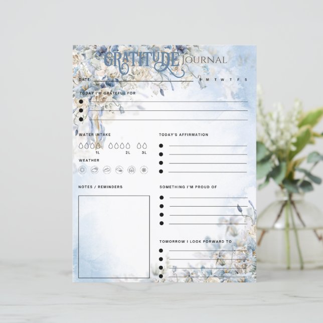 Blue Floral Elegant Gratitude Journal Paper Sheet (Standing Front)