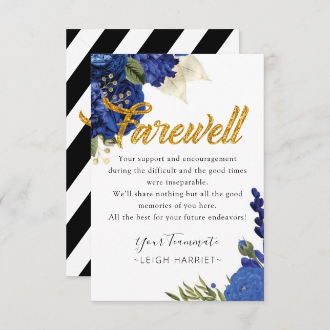 Blue Floral Elegant Leaving Coworker farewell card (Front/Back)