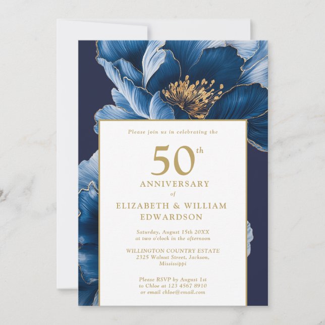 Blue Floral Elegant Modern 50th Anniversary Invitation (Front)