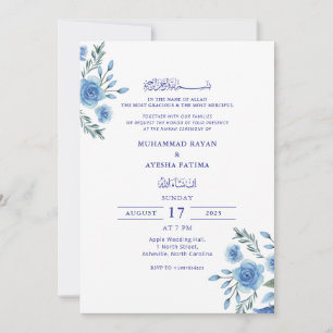 Blue Floral Elegant Nikkah Arabic Islamic Wedding Invitation