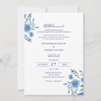 Blue Floral Elegant Nikkah Arabic Islamic Wedding Invitation