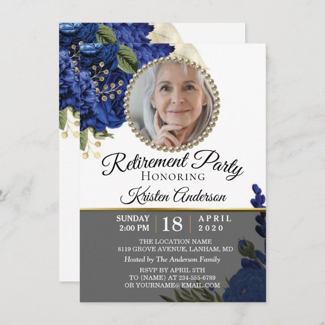 Blue Floral Elegant Photo Retirement Party Invitation (Front/Back)