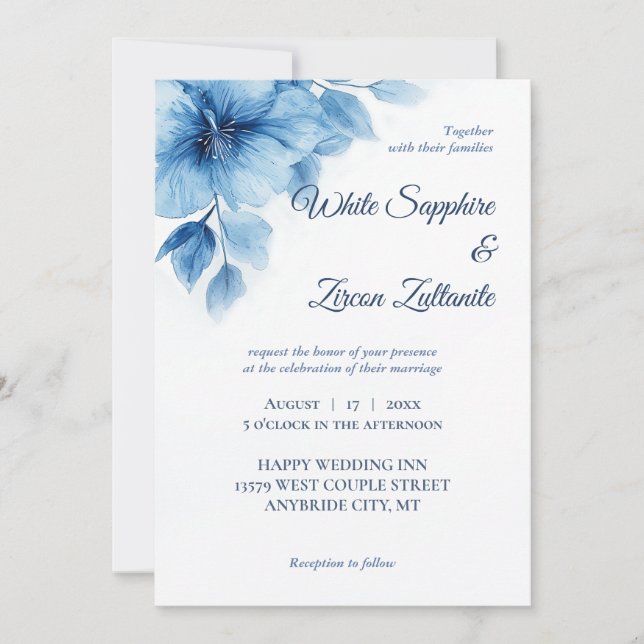 Blue Floral Elegant Wedding Invitation (Front)