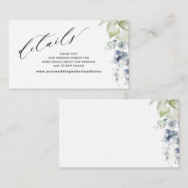 Blue Floral Elegant Wedding Website /Details Enclosure Card (Front/Back)
