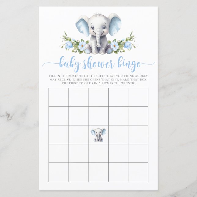Blue Floral Elephant Baby Bingo Shower Game (Front)
