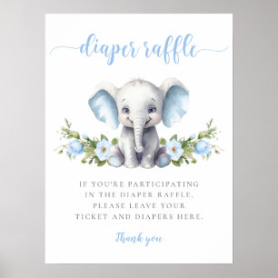 Blue Floral Elephant Baby Boy Shower Diaper Raffle Poster