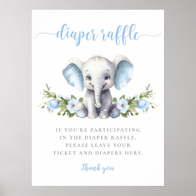 Blue Floral Elephant Baby Boy Shower Diaper Raffle Poster (Front)