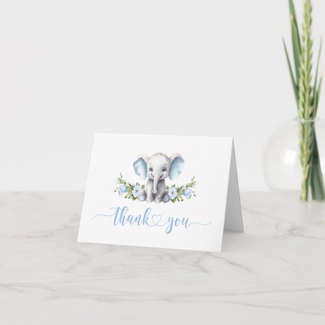 Blue Floral Elephant Baby Boy Shower Thank You Card (Front)