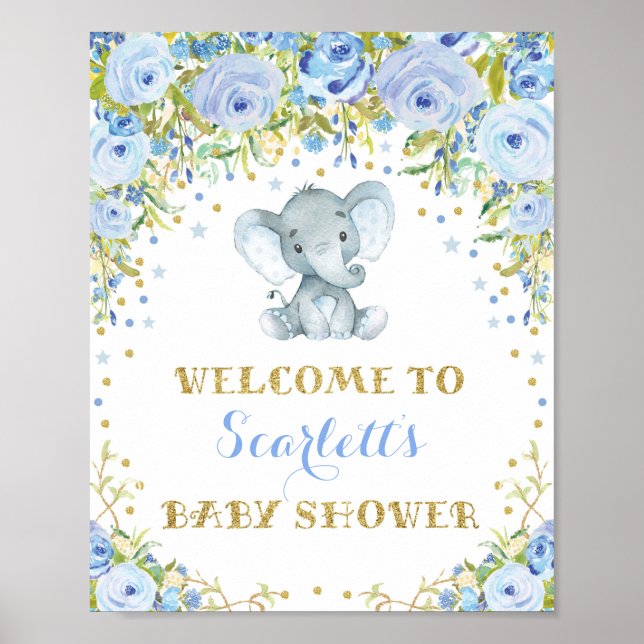 Blue Floral Elephant Baby Boy Shower Welcome Sign (Front)