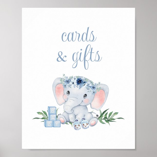 Blue Floral Elephant Baby Shower Cards and Gifts Poster (Front)