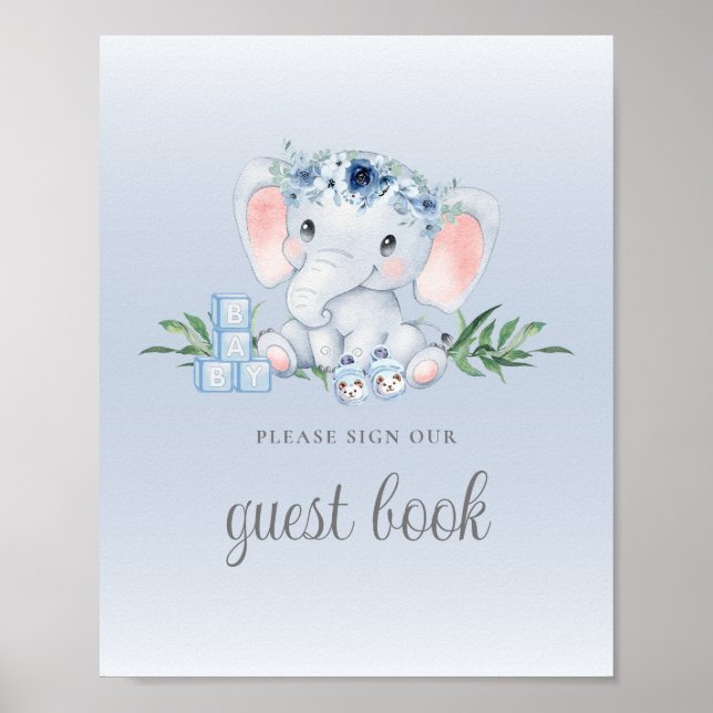 Blue Floral Elephant Baby Shower Guest Book Sign (Front)