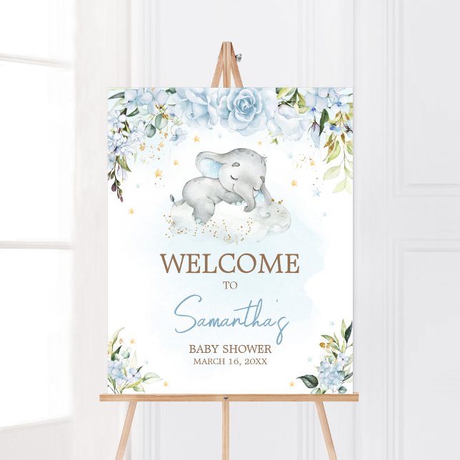 Blue Floral Elephant Baby Shower Welcome Poster (Blue Floral Sleeping Elephant Baby Shower Welcome Sign)