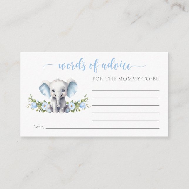 Blue Floral Elephant Baby Shower Words Of Advice Enclosure Card (Front)