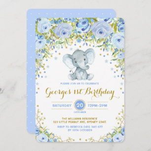 Blue Floral Elephant Boy 1st Birthday Party Invitation