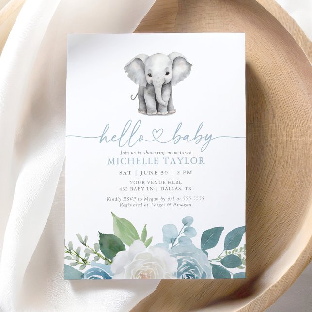 Blue Floral Elephant Boy Baby Shower Invitation (Creator Uploaded)