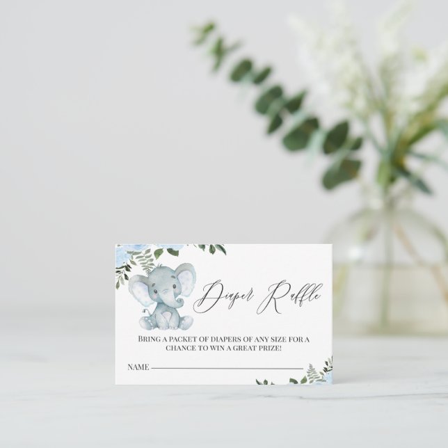 Blue Floral Elephant Diaper Raffle Enclosure Card (Standing Front)