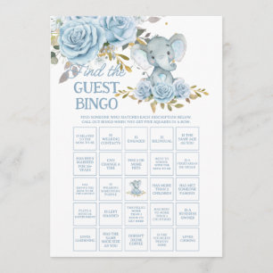 Blue Floral Elephant Find the Guest Baby Bingo Card