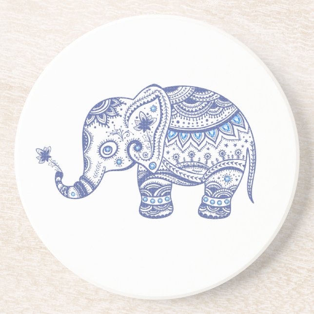 Blue Floral Elephant Illustration Coaster (Front)