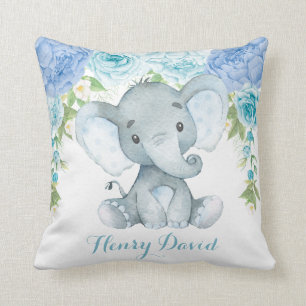 Blue Floral Elephant Jungle Baby Boy Nursery Cushion