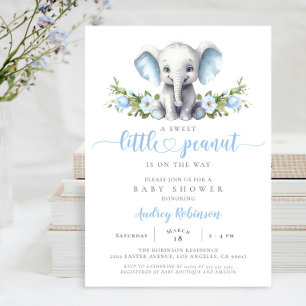 Blue Floral Elephant Little Peanut Baby Boy Shower Invitation