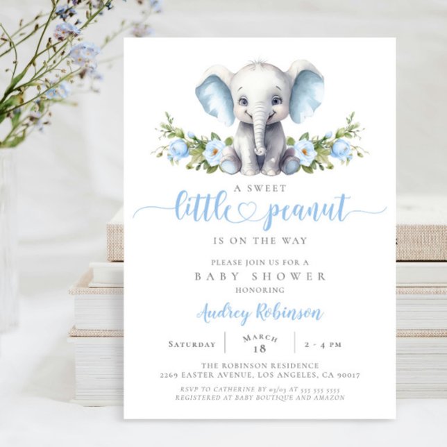 Blue Floral Elephant Little Peanut Baby Boy Shower Invitation (Creator Uploaded)