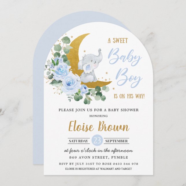 Blue Floral Elephant Moon Baby Boy Shower Arch Invitation (Front/Back)