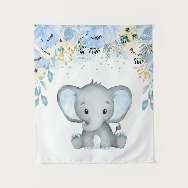 Blue floral Elephant Nursery Baby Boy Tapestry (Front)
