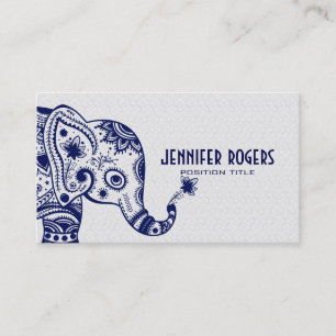 Blue Floral Elephant Over White Lace Background Business Card