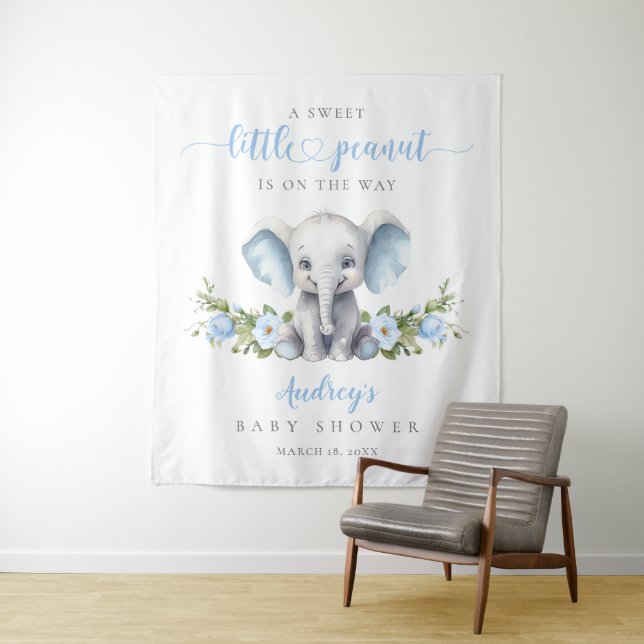Blue Floral Elephant Watercolor Baby Boy Shower Tapestry (In Situ)