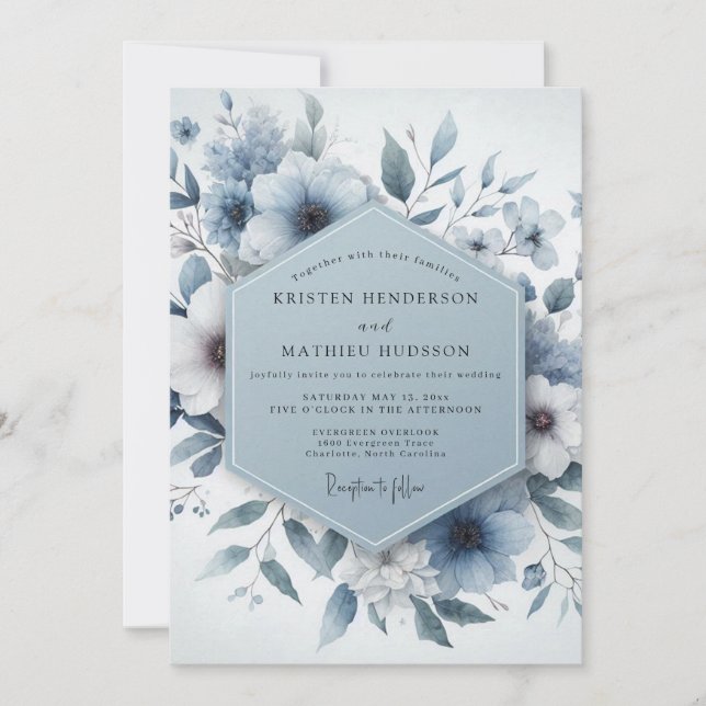 Blue Floral Ethereal Wedding Invitation (Front)