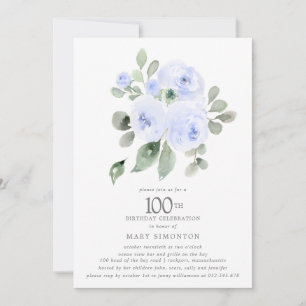 Blue Floral Eucalyptus 100th Birthday Party Invitation
