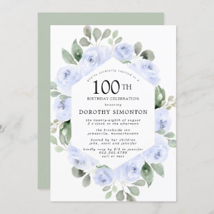 Blue Floral Eucalyptus 100th Birthday Party Invitation