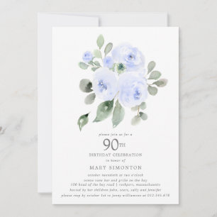 Blue Floral Eucalyptus 90th Birthday Party Invitation