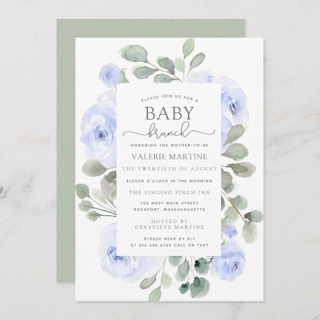 Blue Floral Eucalyptus Baby Brunch Invitation (Front/Back)