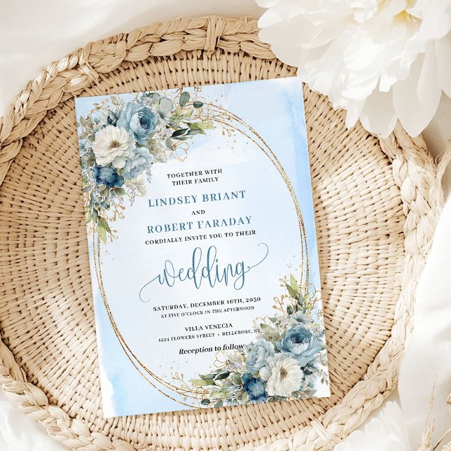 Blue Floral Eucalyptus Gold Glitter Wedding Invite (Blue Floral Eucalyptus Gold Glitter Wedding Invite)