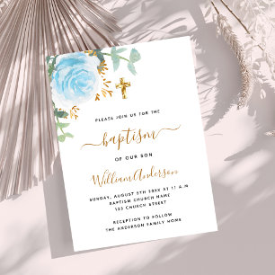 Blue floral eucalyptus greenery boy cross baptism invitation