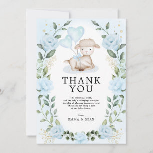 Blue Floral Eucalyptus Lamb Baby Sheep Shower Thank You Card
