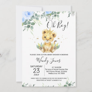 Blue Floral Eucalyptus Lion King Baby Shower Invitation
