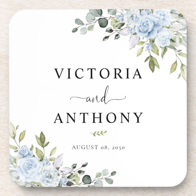 Blue Floral Eucalyptus Square Wedding Coaster (Front)
