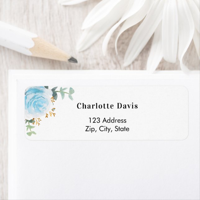 Blue floral eucalyptus white return address label (Insitu)
