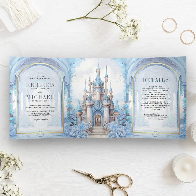 Blue Floral Fairytale Castle All in One Wedding Tri-Fold Invitation (Creator Uploaded)
