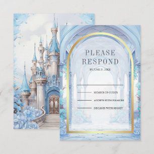 Blue Floral Fairytale Castle Wedding RSVP Card