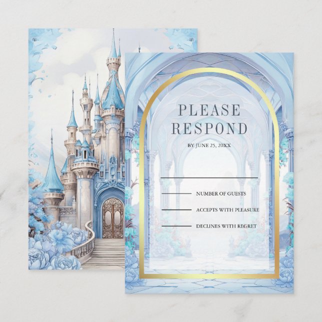 Blue Floral Fairytale Castle Wedding RSVP Card (Front/Back)