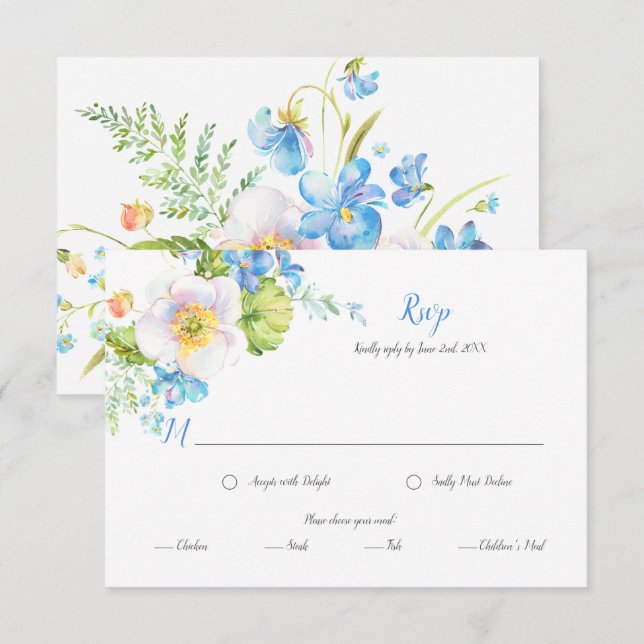 Blue Floral Fantasy Floral Meal Selection RSVP Card (Front/Back)