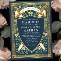Blue Floral Fantasy Swords Shield Monogram Wedding